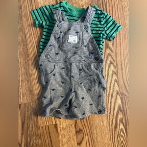 OshKosh B'gosh Green Striped Onesie with Grey Overalls